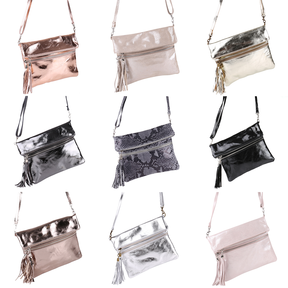 Metallic Cross Bag Umschlag Clutch Tasche Italy Leder Silber Quasten Fransen NEU